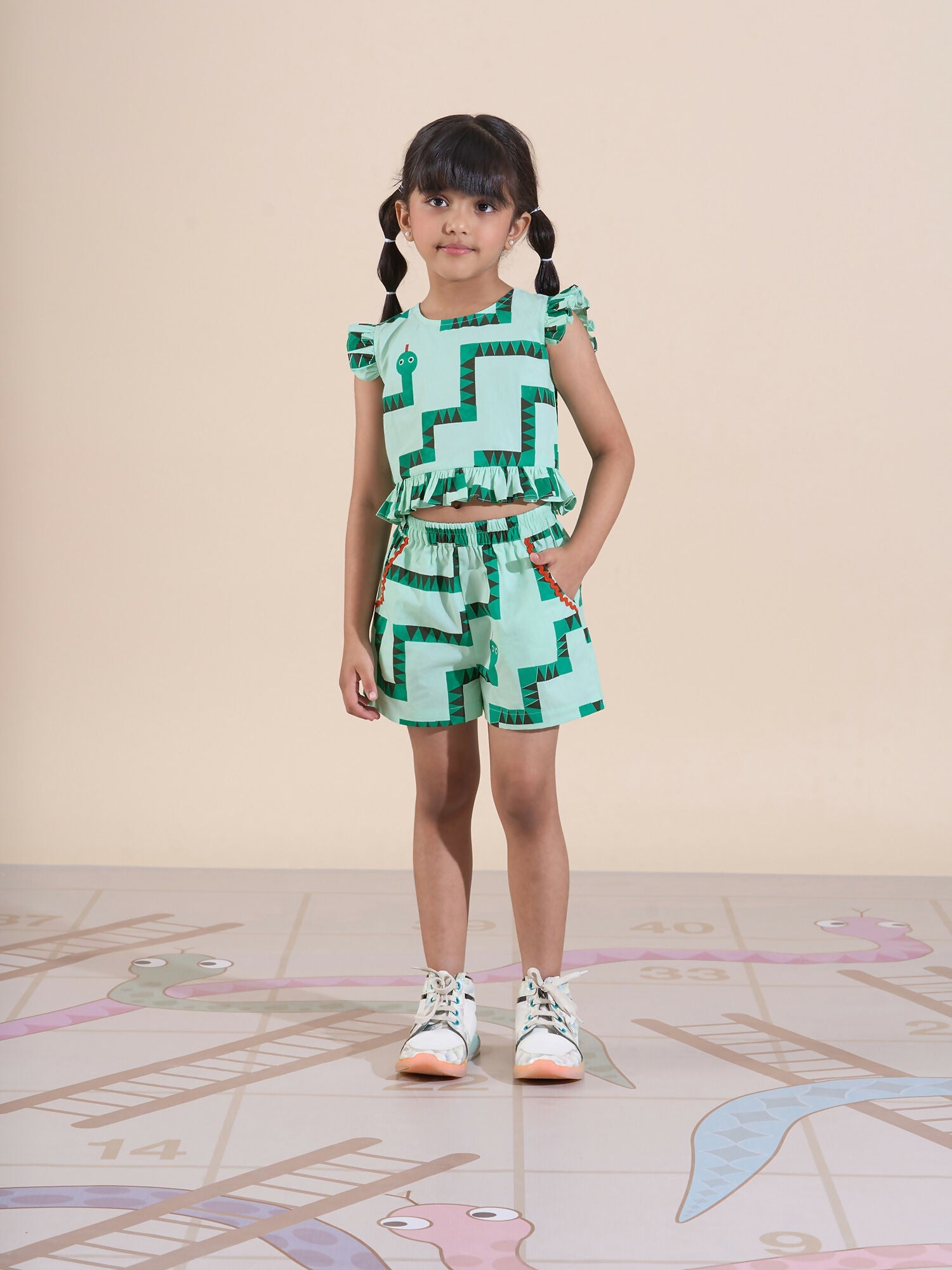Snakes and Ladders Girls Green Table Print Top and Shorts Sets from Siblings Collection | Grocsy