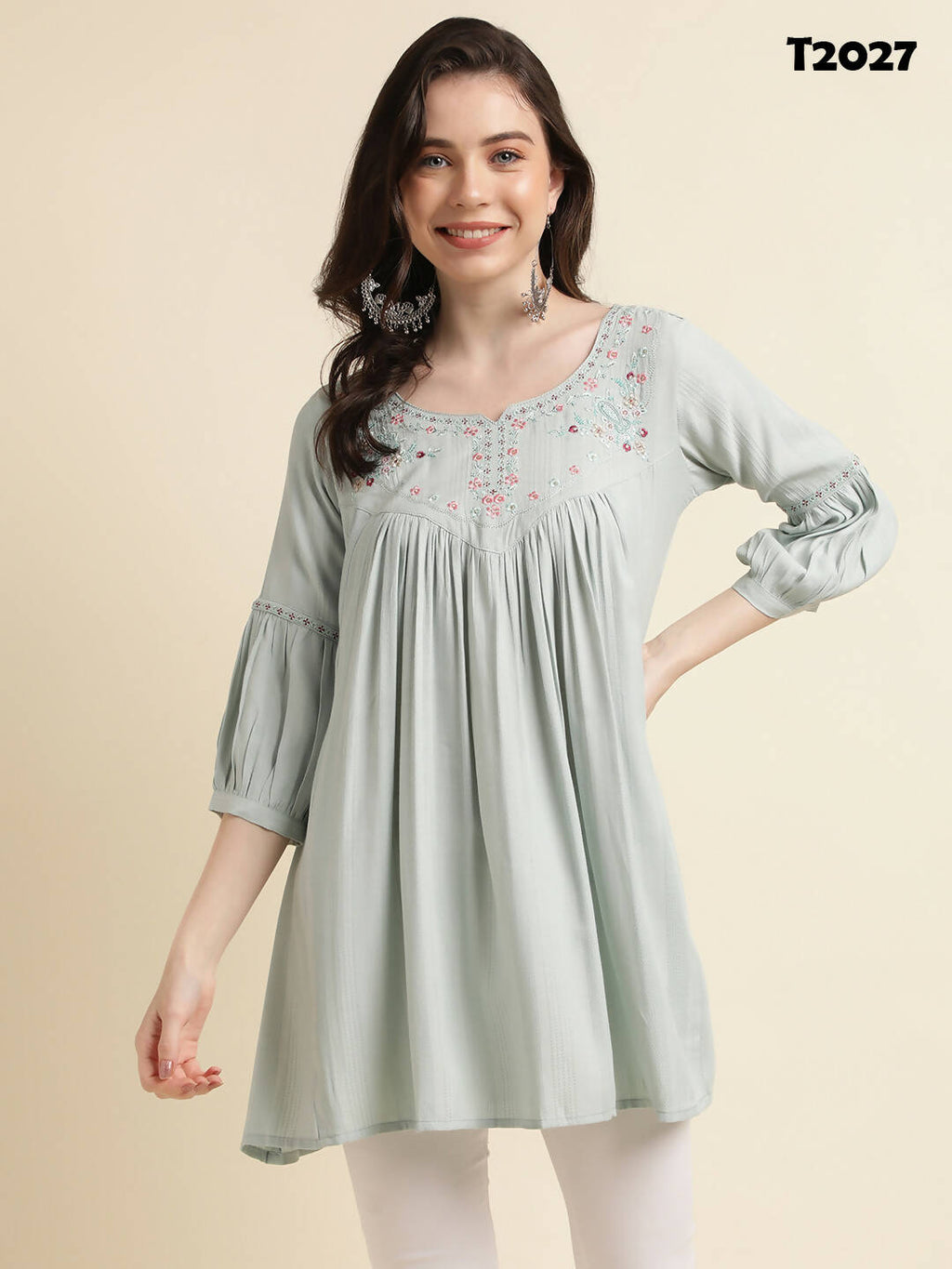 Light Blue Poly Cotton Yoke Embroidered A-line Top - Tarini | Grocsy