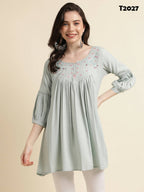 Light Blue Poly Cotton Yoke Embroidered A-line Top - Tarini | Grocsy