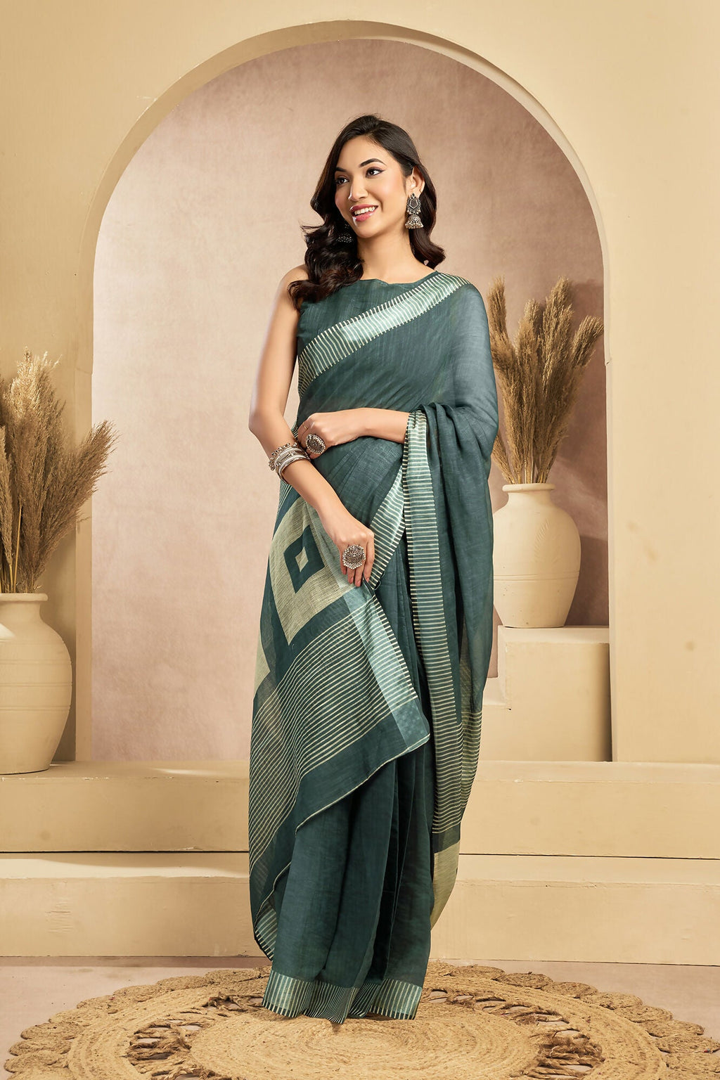 Vastranavya Morpeach Digital Printed Linen Ready To Wear Pocket Saree with Unstitched Blouse | Grocsy