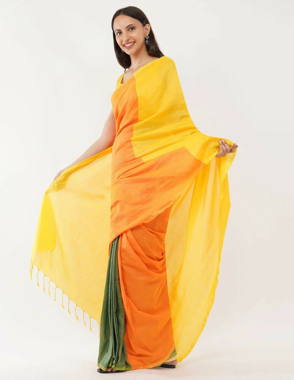 Exclusive Collection Beautiful Khadi Cotton Yellow Orange Green Handloom Saree | Grocsy