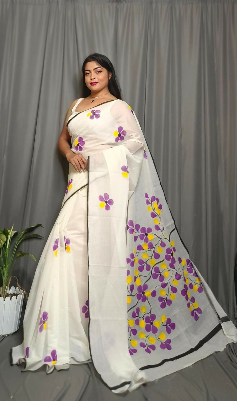 Exclusive Collection Beautiful White Purple Pure Cotton Hand Print Handloom Saree With Running Blouse Piece | Grocsy