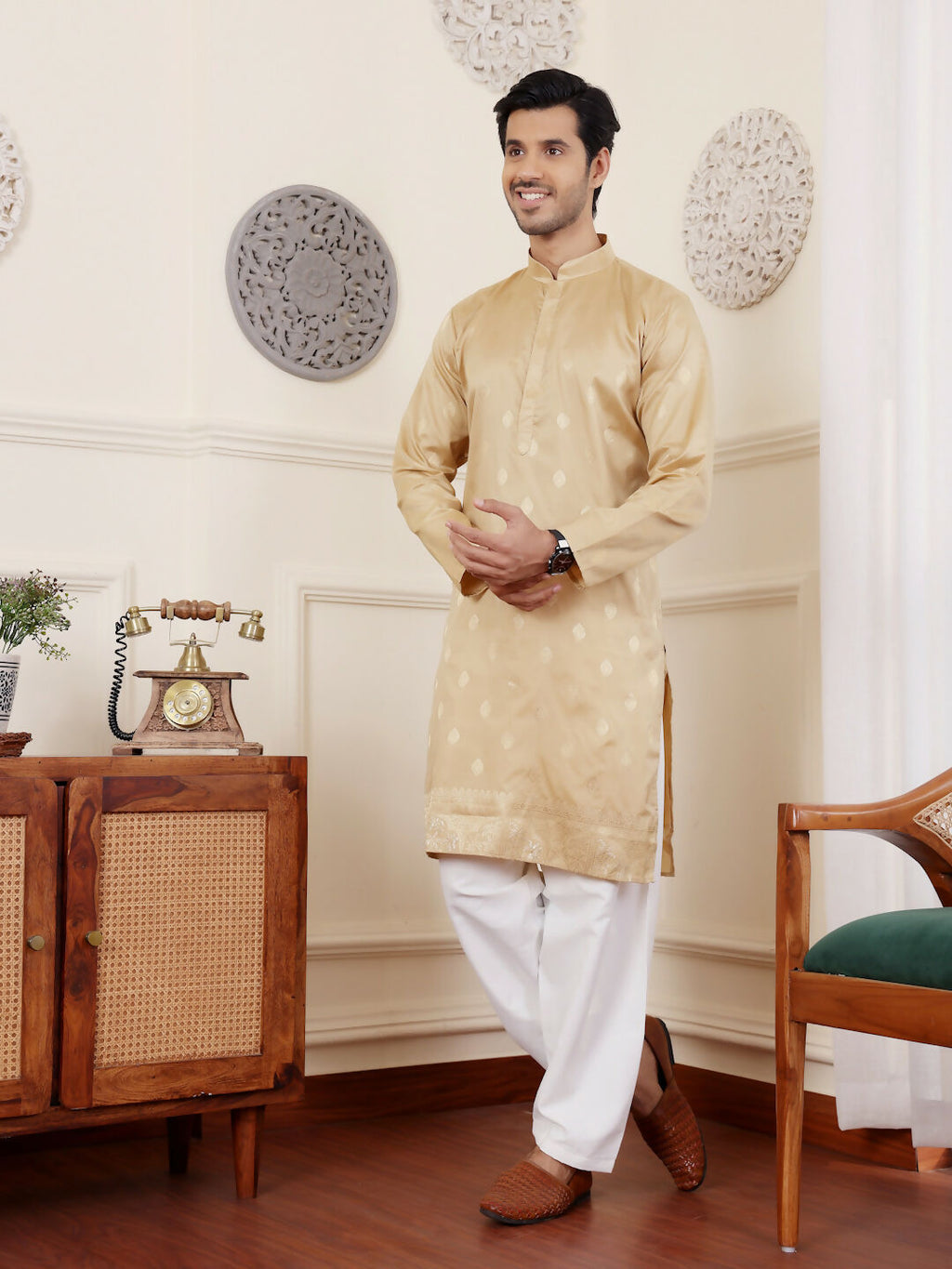 Beige Viscose Woven Jacquard Work Men's Rajwadi Kurta Set - Mahotsav | Grocsy