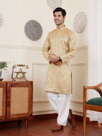 Beige Viscose Woven Jacquard Work Men's Rajwadi Kurta Set - Mahotsav | Grocsy