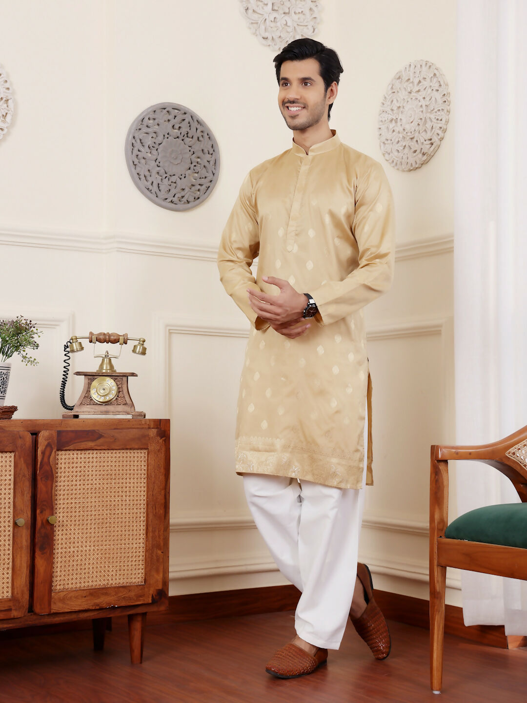 Beige Viscose Woven Jacquard Work Men's Rajwadi Kurta Set - Mahotsav | Grocsy