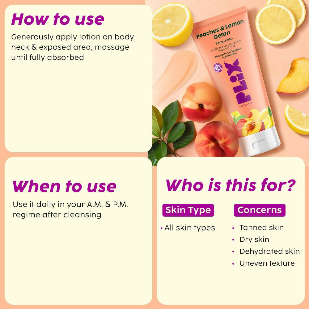 PLIX The Plant Fix Peaches & Lemon Detan Body Lotion with SPF 15 | Grocsy