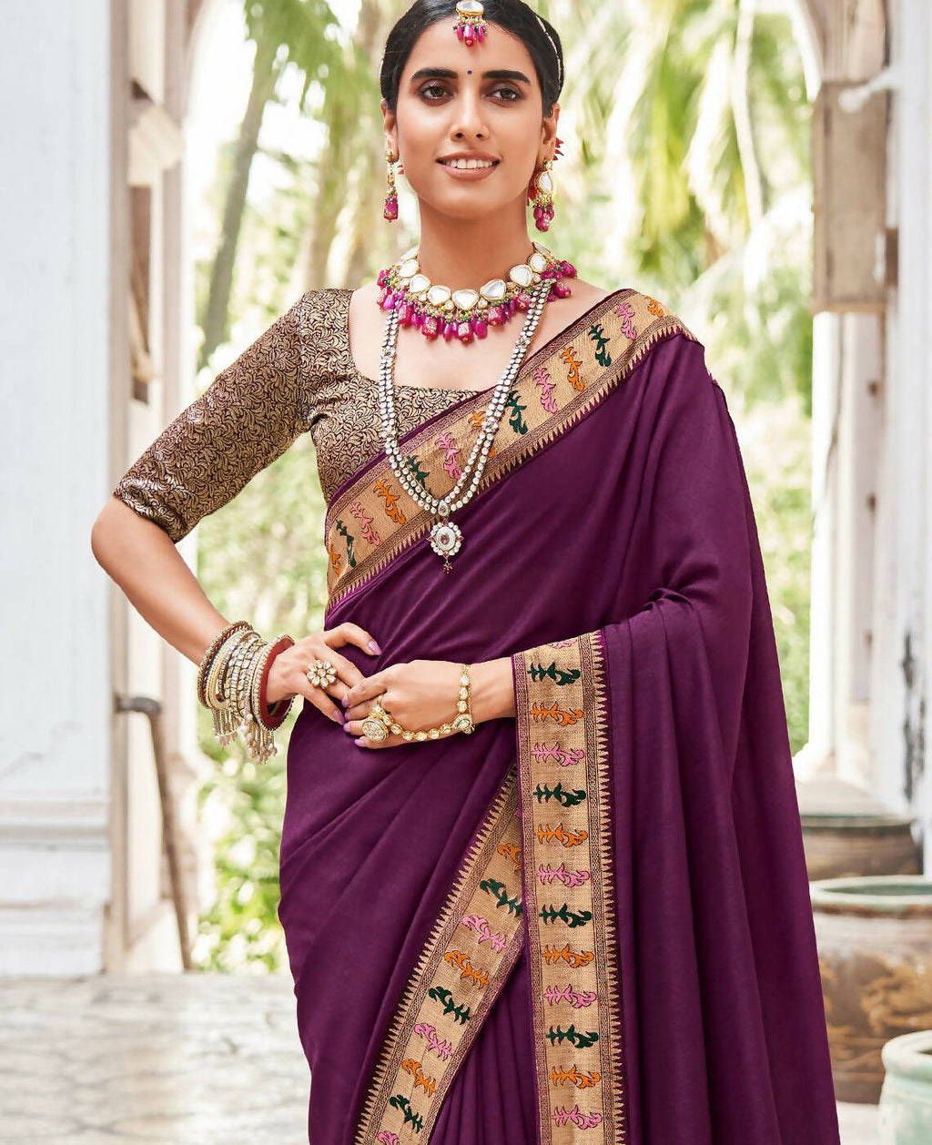 Purple Vichitra Solid Saree With Unstitched Blouse Piece - Juhi | Grocsy