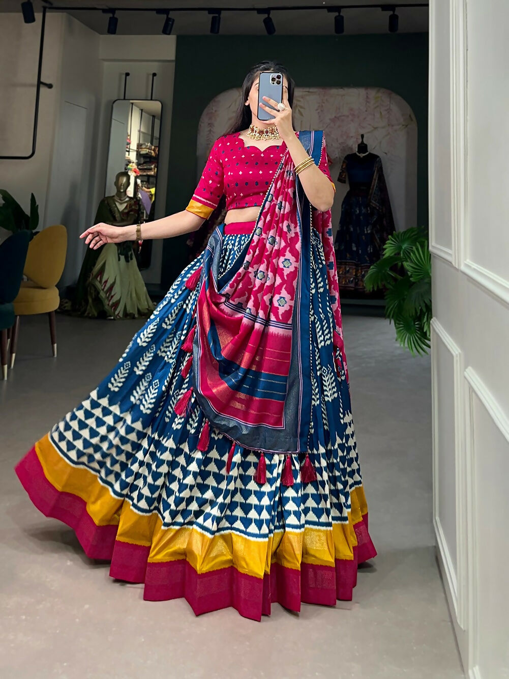 Vastranavya Traditional Printed Tusser Silk Lehenga Choli - Blue | Grocsy