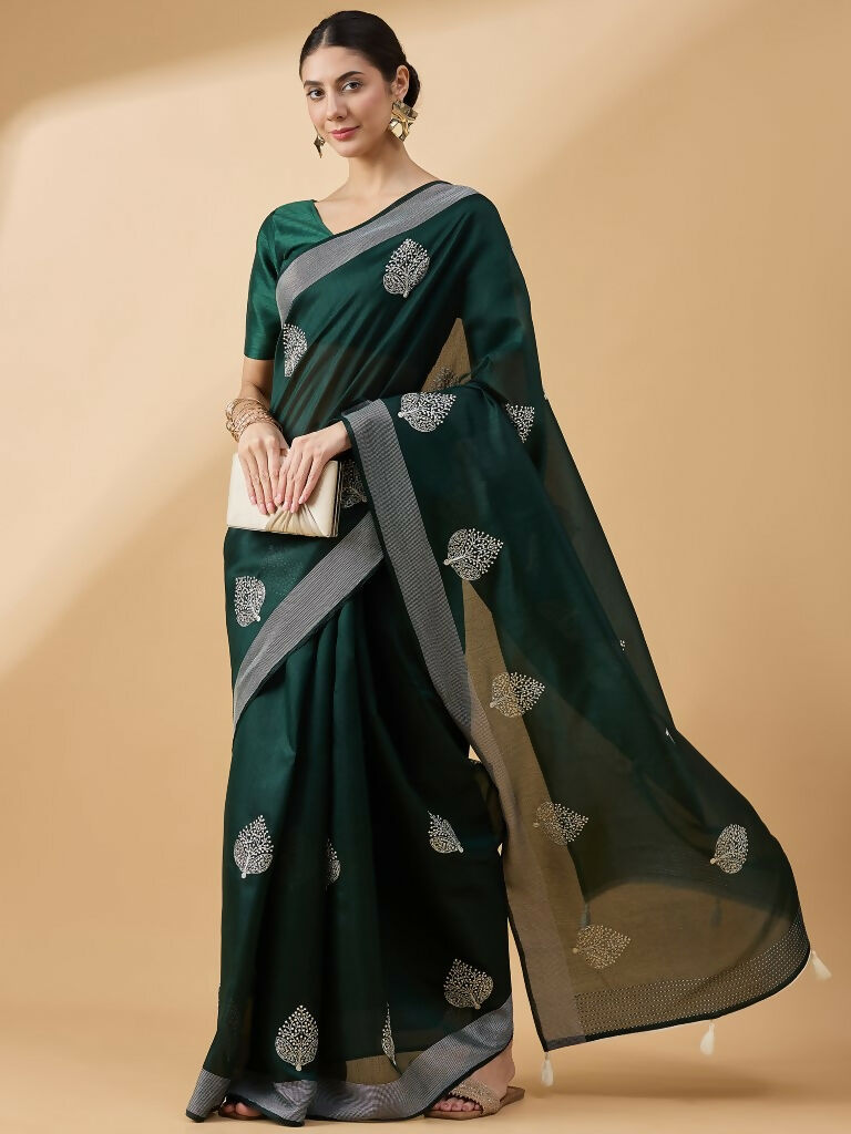 Green Cotton Blend Thread Embroidered Saree with Unstitched Blouse - Satya | Grocsy