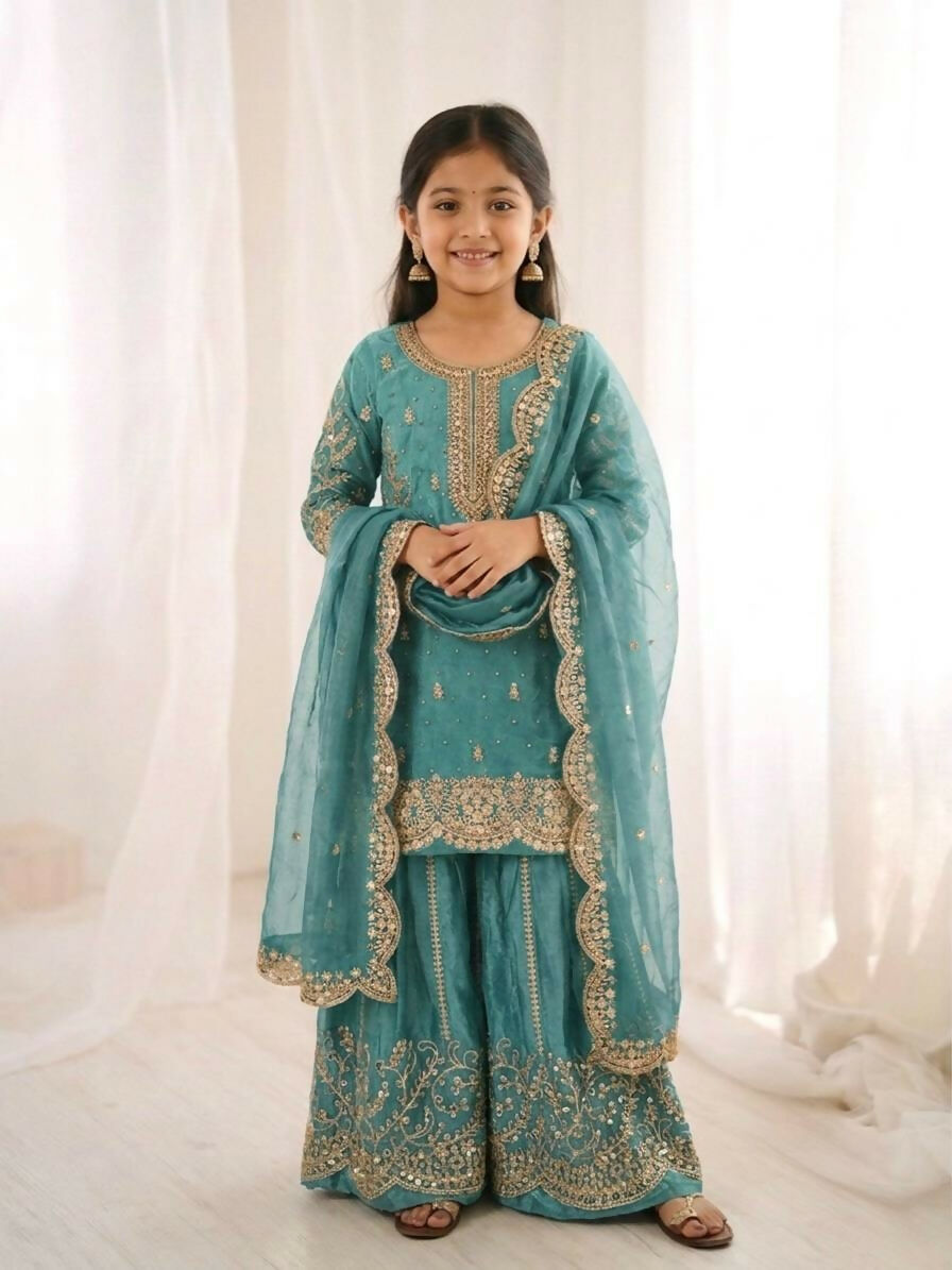 Teeya Creation New Trendy Fully Stitched Ready to Wear Kids Kurta Palazzo Set-Blue | Grocsy