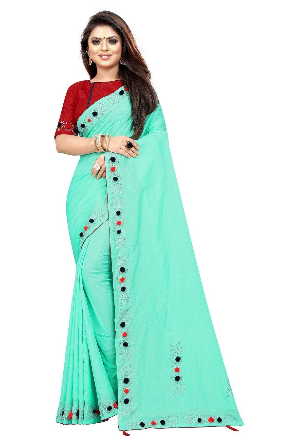 Vamika Rama Green Sana Silk Diamond And Pom Pom Saree | Grocsy