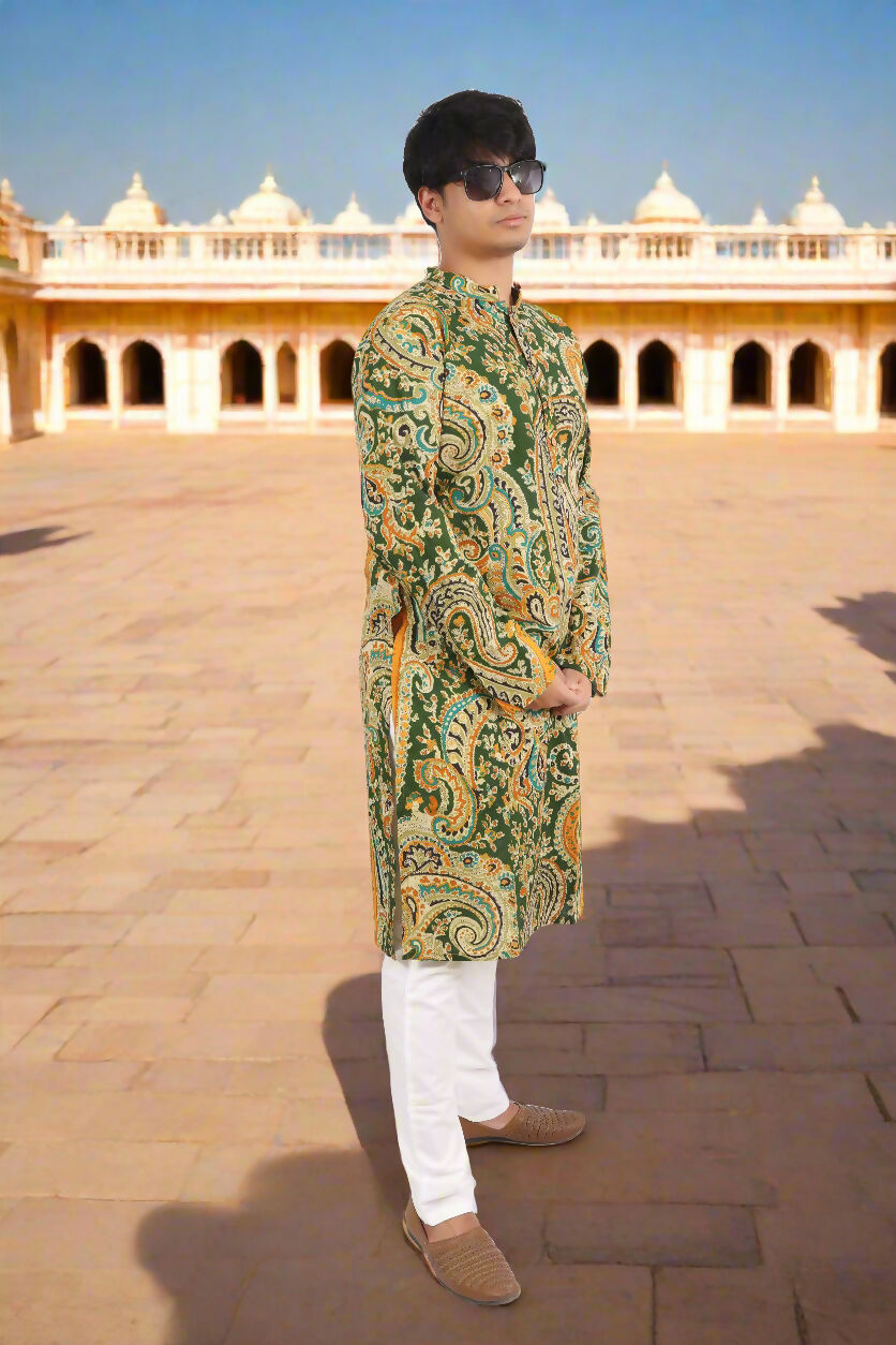 Souchii Men Green & Mustard Pure Cotton Paisley Printed Straight Kurta | Grocsy