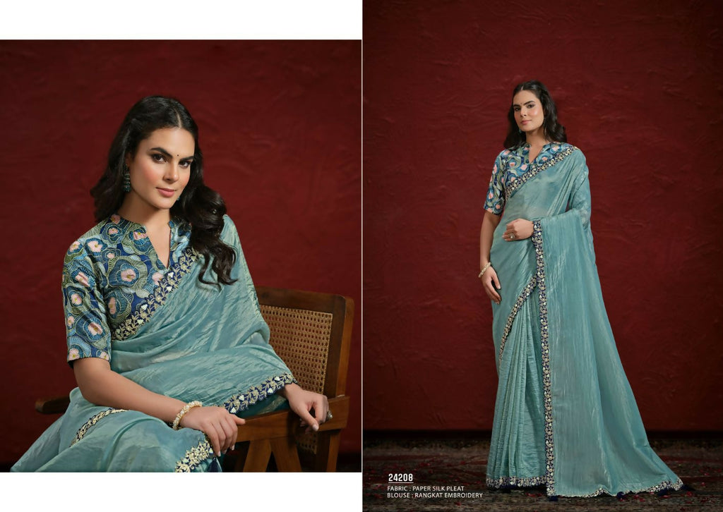 Sea Green Paper Silk Pleat Moti with Handwork Saree with Stitched Blouse - Mohmanthan Aaina | Grocsy