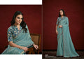 Sea Green Paper Silk Pleat Moti with Handwork Saree with Stitched Blouse - Mohmanthan Aaina | Grocsy