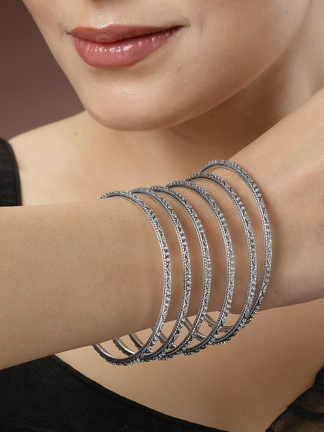 NVR Women's Set of 6 Silver-Toned German Silver Oxidised Bangles | Grocsy
