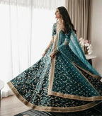 Jyoti Fashion Bottle Green Cording & Sequence Embroidery Velvet Lehenga Choli with Dupatta | Grocsy