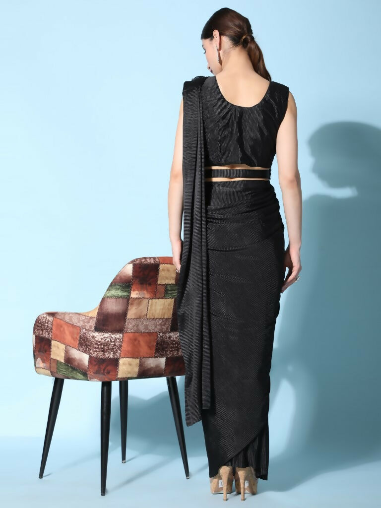 Black Imported Crush Lycra Texture Pattern Ready to Wear Saree with stitched Blouse - Nirvana | Grocsy