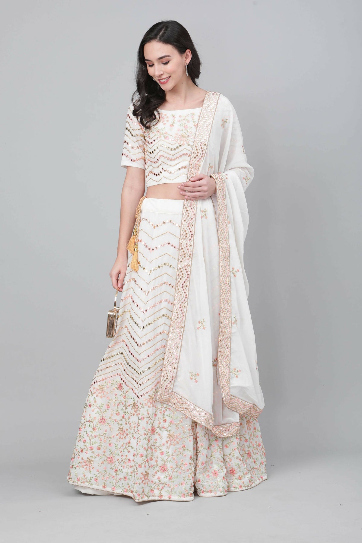 Pearl White Georgette Sequins Embroidery with Mirror work Lehenga Choli with Dupatta - Jivika | Grocsy