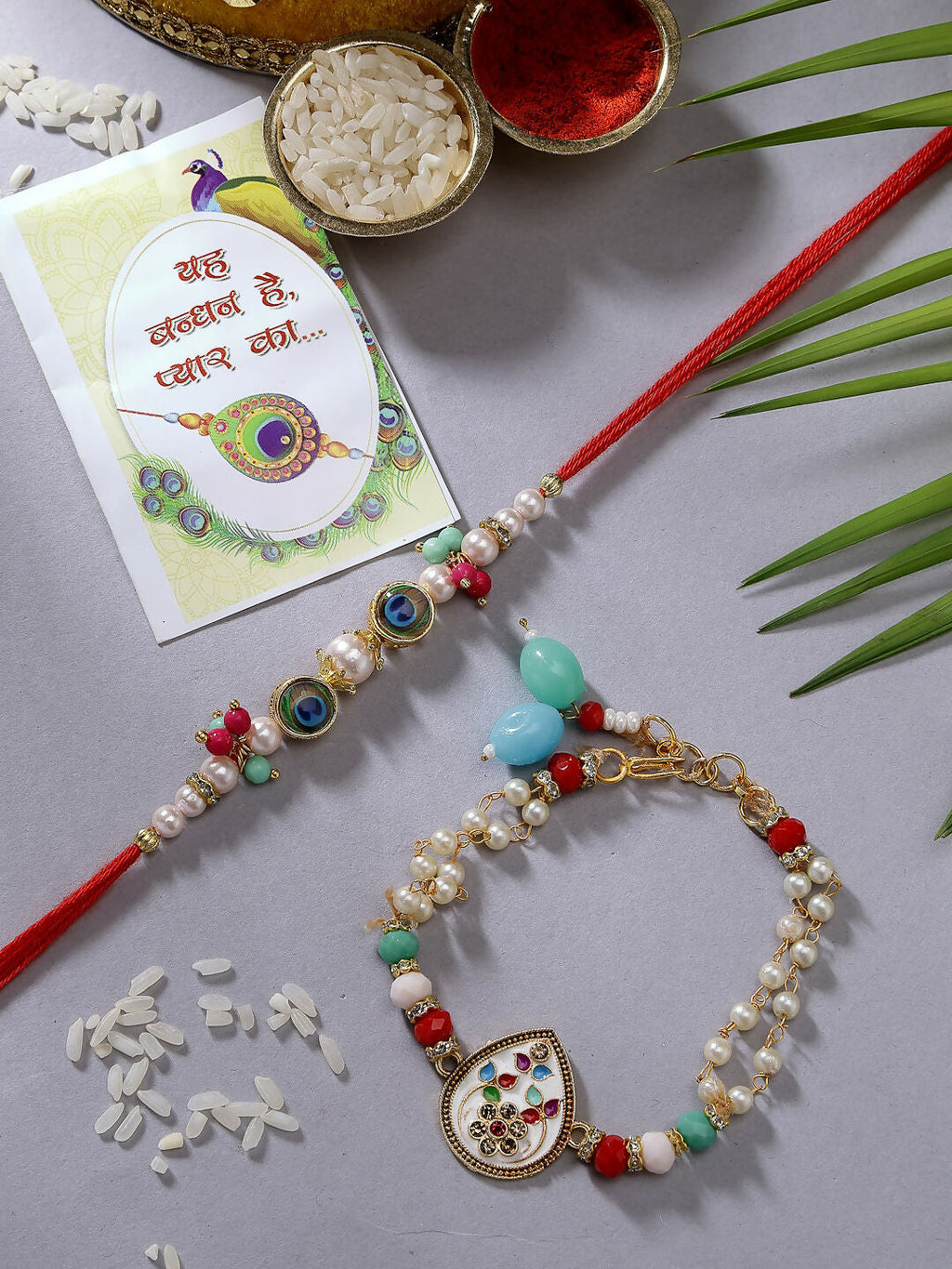 NVR Women & Men Set of 2 Multicolor Artificial Beads Bhaiya Bhabhi Rakhi With Roli Chawal & Chocolate | Grocsy