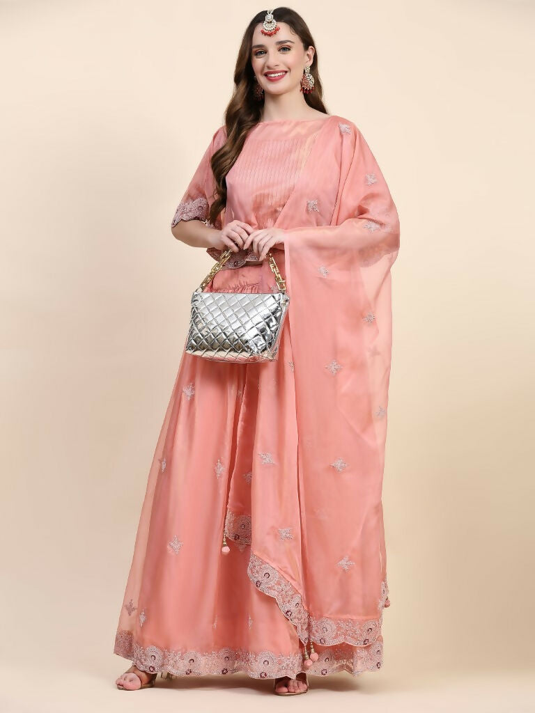 Peach Silk Embroidered Poncho Pattern Top & Lehenga with Dupatta - Tanya | Grocsy