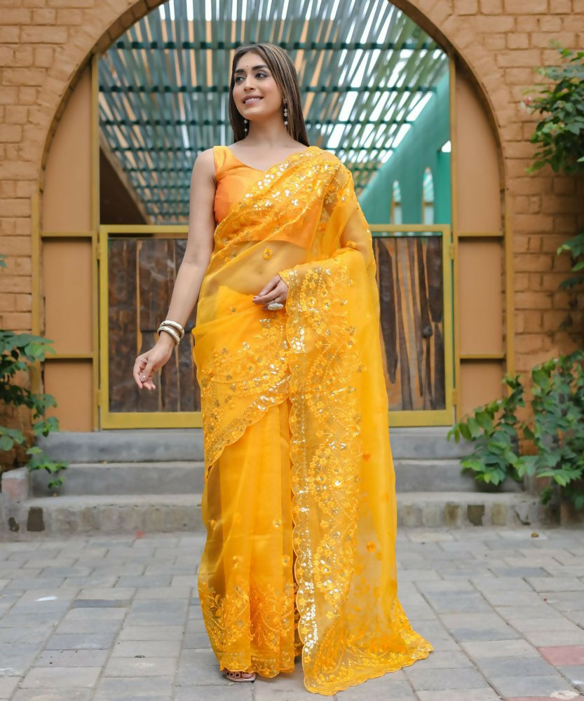 Vamsee Kiki Yellow Organza Saree | Grocsy