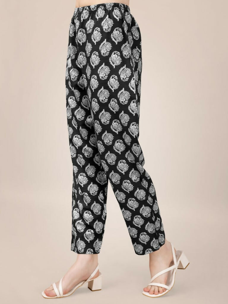 Jyoti Fashion Women's Black Rayon Print with Embroidery & Fancy Lace Work Kurta with Trouser & Dupatta | Grocsy