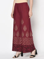 Aniyah Rayon Maroon Color Block Print Flared Slip-On Palazzo (AN-183K) | Grocsy