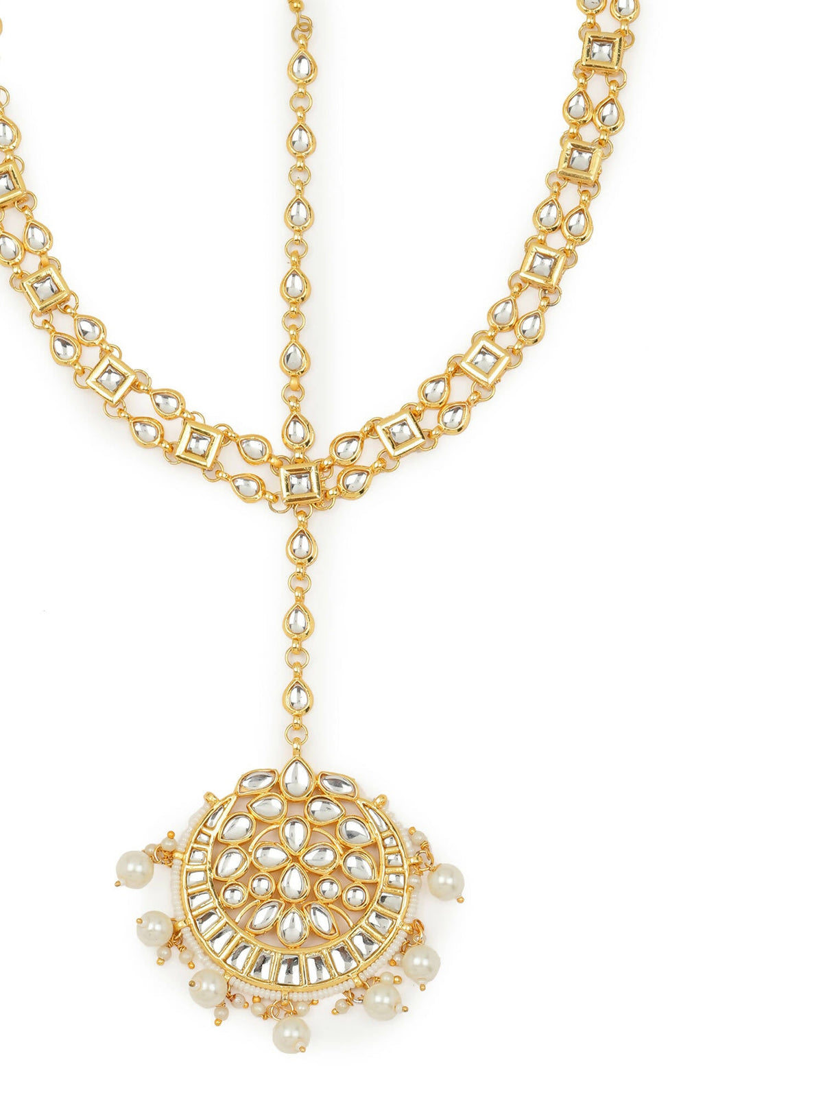 Gold-Polished White Kundan-Studded Pearl Beaded Matha Patti - Ruby Raang | Grocsy