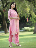 Juniper Pink Ethnic Motif Printed Georgette Kurta Pants & Dupatta Set With Tassels & Lace | Grocsy