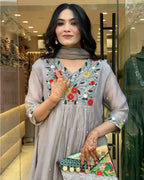 The52 Grey Women's Gorgeous Chinon Viscose Fabric Embroidered Work Straight Kurta Pant and Dupatta Set | Grocsy