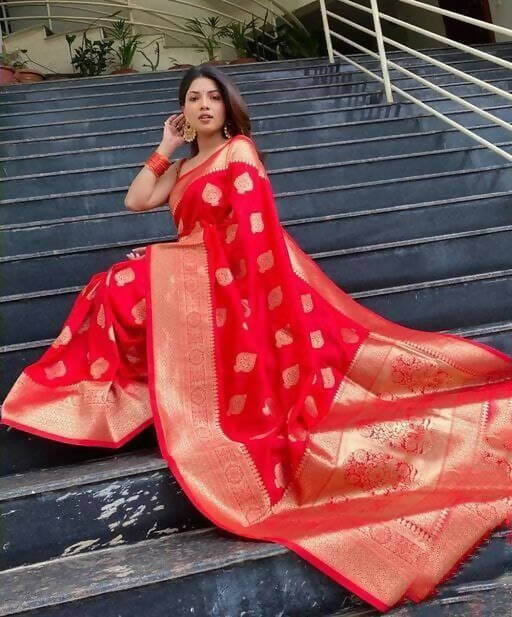 DEIANA'S Beautiful Designer Golden zari Soft Lichi Silk Saree - Red | Grocsy