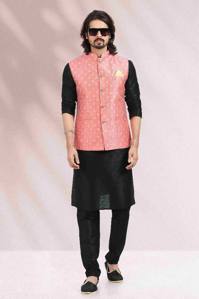 Raivat Ethnic Jacquard Banarasi Silk Woven Work 3 Pics Jacket Set In Pink Colour | Grocsy