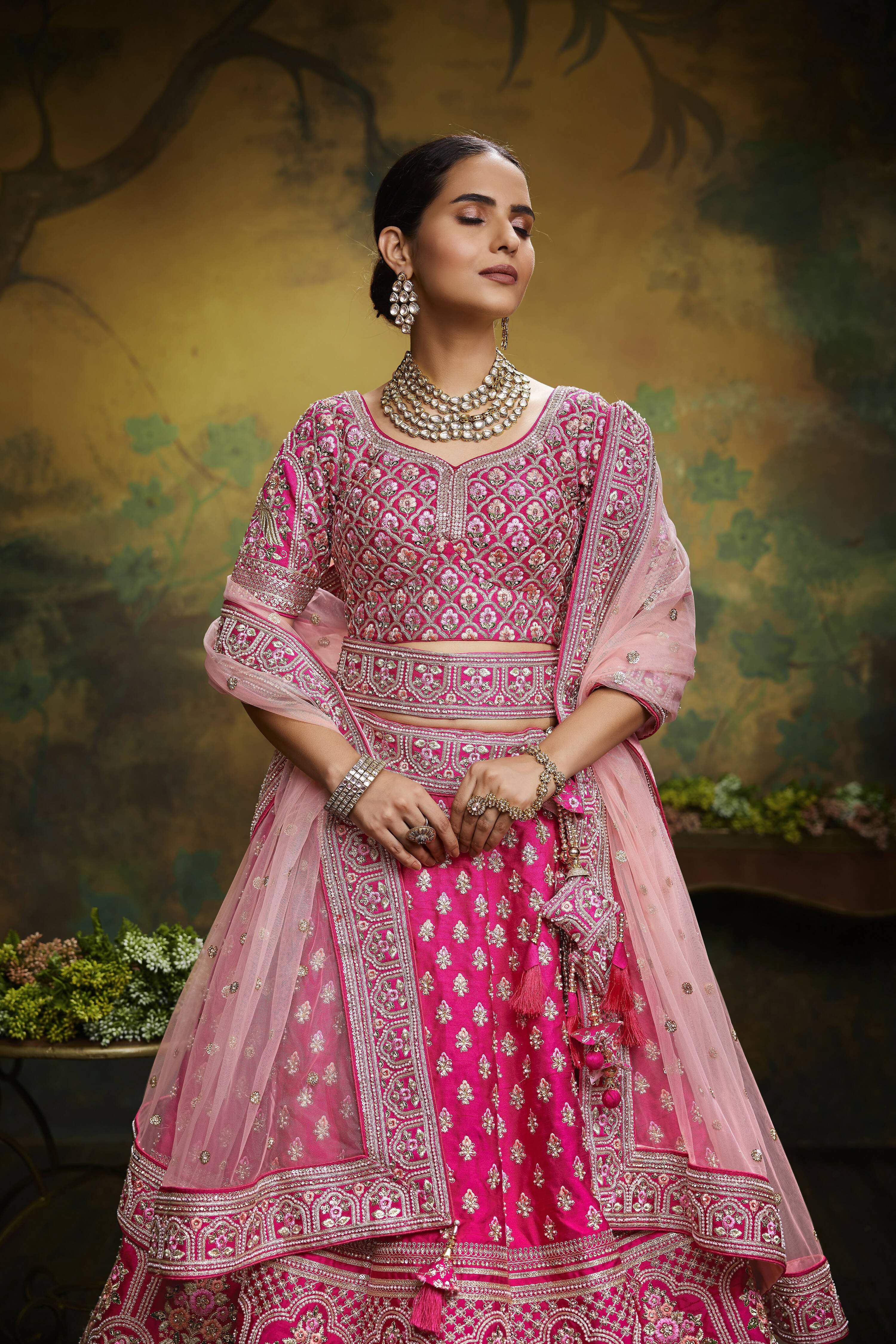 House of Panchhi Pink Pure Silk Moti & Zarkan heavy embroidery Lehenga choli & Dupatta | Grocsy