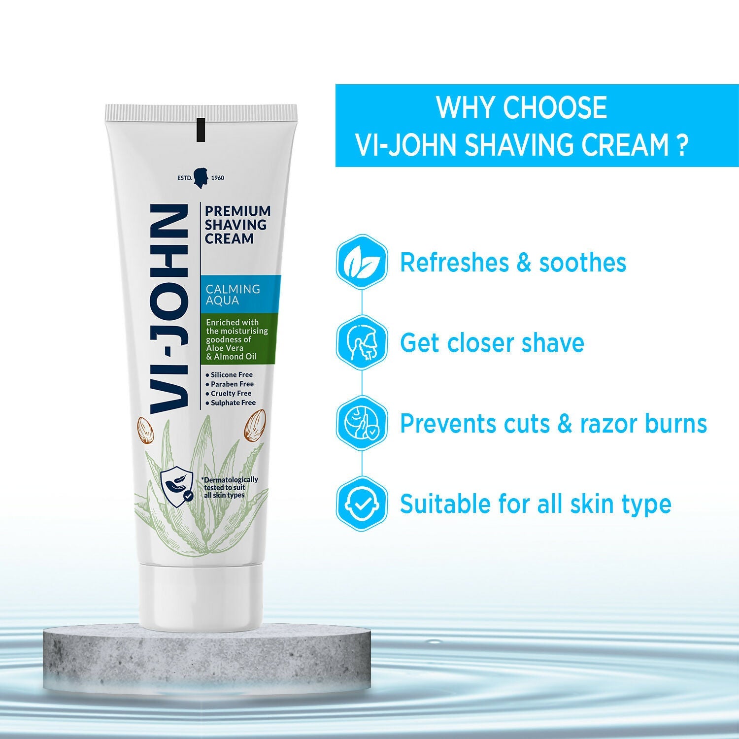 VI-JOHN Dermatologically Tested Premium Claming Aqua Shaving Cream Enriched with Aloevera & Almond Oil free From Silicone,Paraben & Mineral Oil | Grocsy