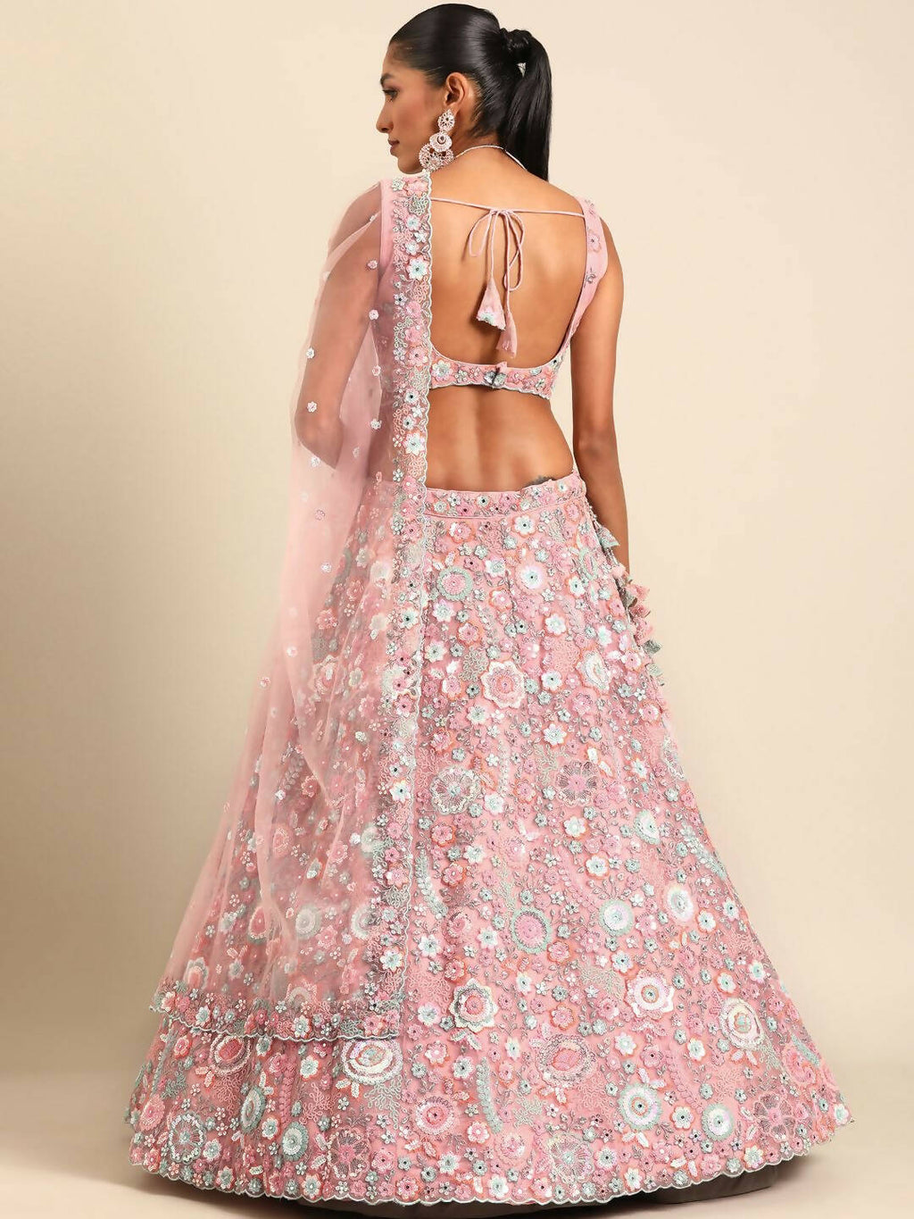House of Panchhi Pink Net Sequins, Mirror and thread embroidery Lehenga choli & Dupatta | Grocsy