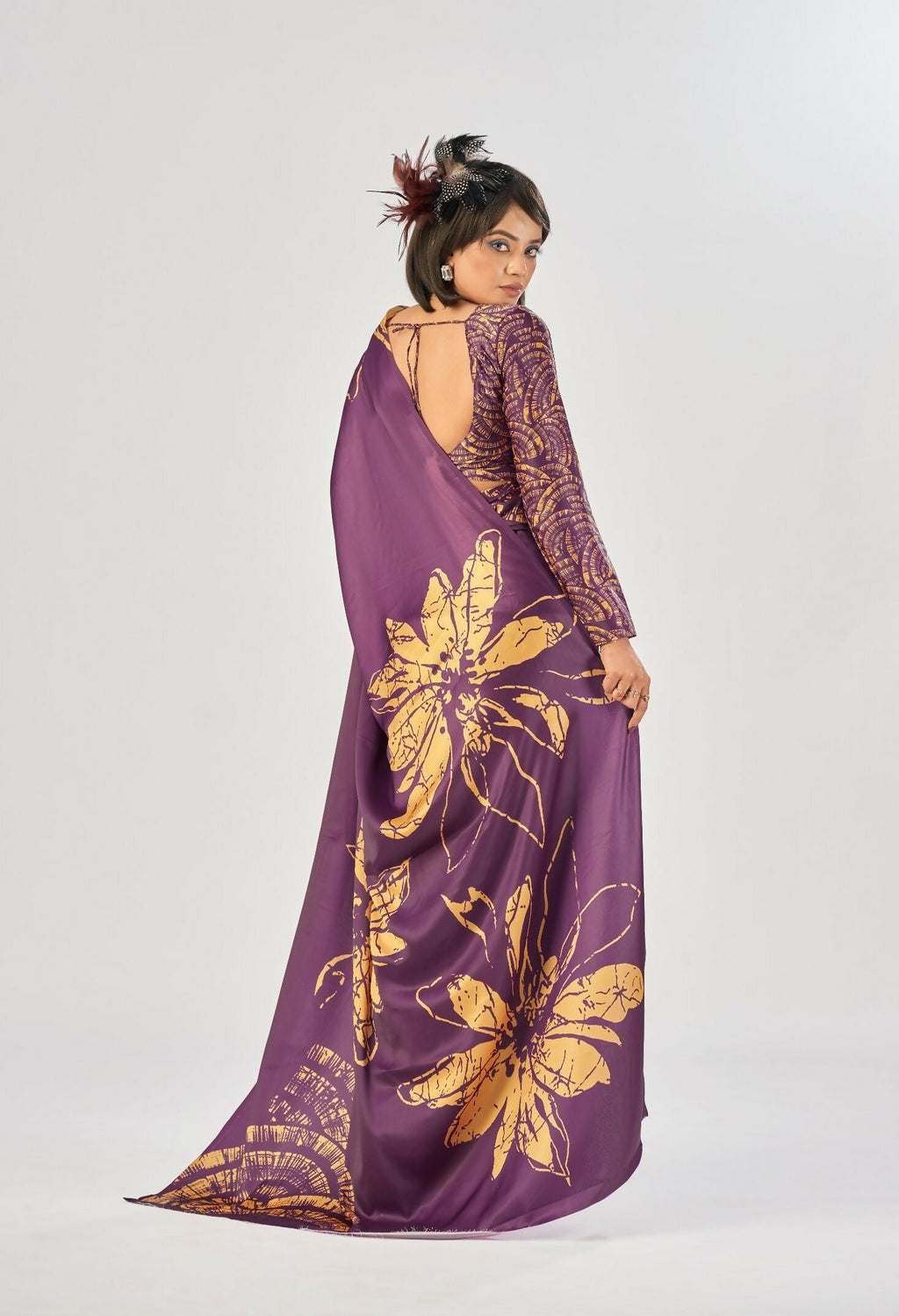 Vastranavya Wine Satin Silk Elegant Printed Saree with Unstitched Blouse | Grocsy