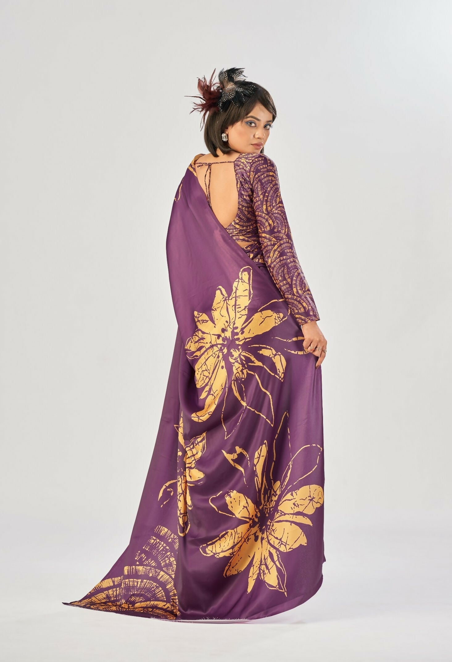Vastranavya Wine Satin Silk Elegant Printed Saree with Unstitched Blouse | Grocsy