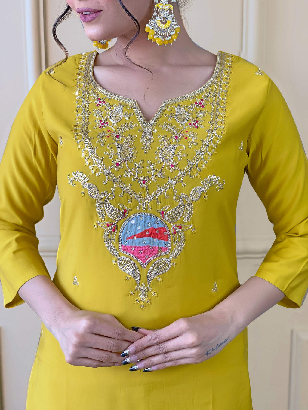 PartywearDesigner Viscose Yellow Stitched Suit With Dupatta - Tanisha | Grocsy