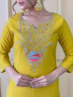 PartywearDesigner Viscose Yellow Stitched Suit With Dupatta - Tanisha | Grocsy
