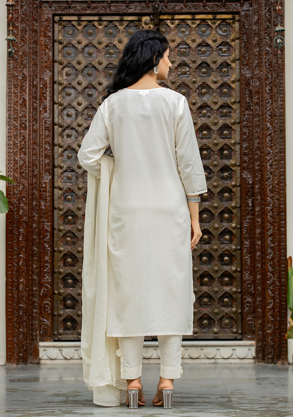 Kaajh Women's Off White Mirror Embellished Cotton Suit Set | Grocsy