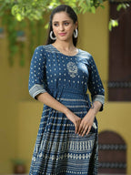 Juniper Blue Rayon Festive Printed Flared Dress For Women | Grocsy