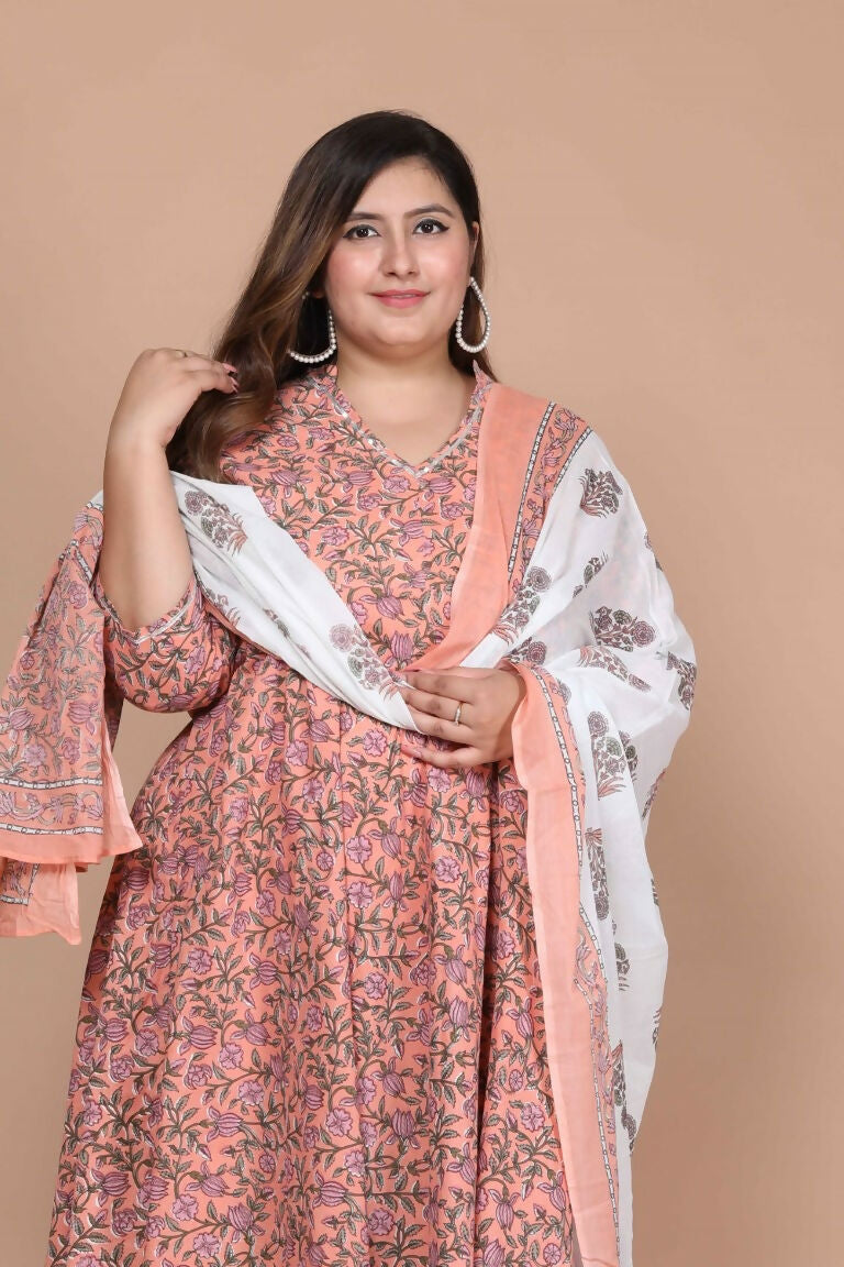 Miravan Women's Plus Size Surpassing Orange Partywear Floral Printed Anarkali Kurta Dupatta  | Grocsy