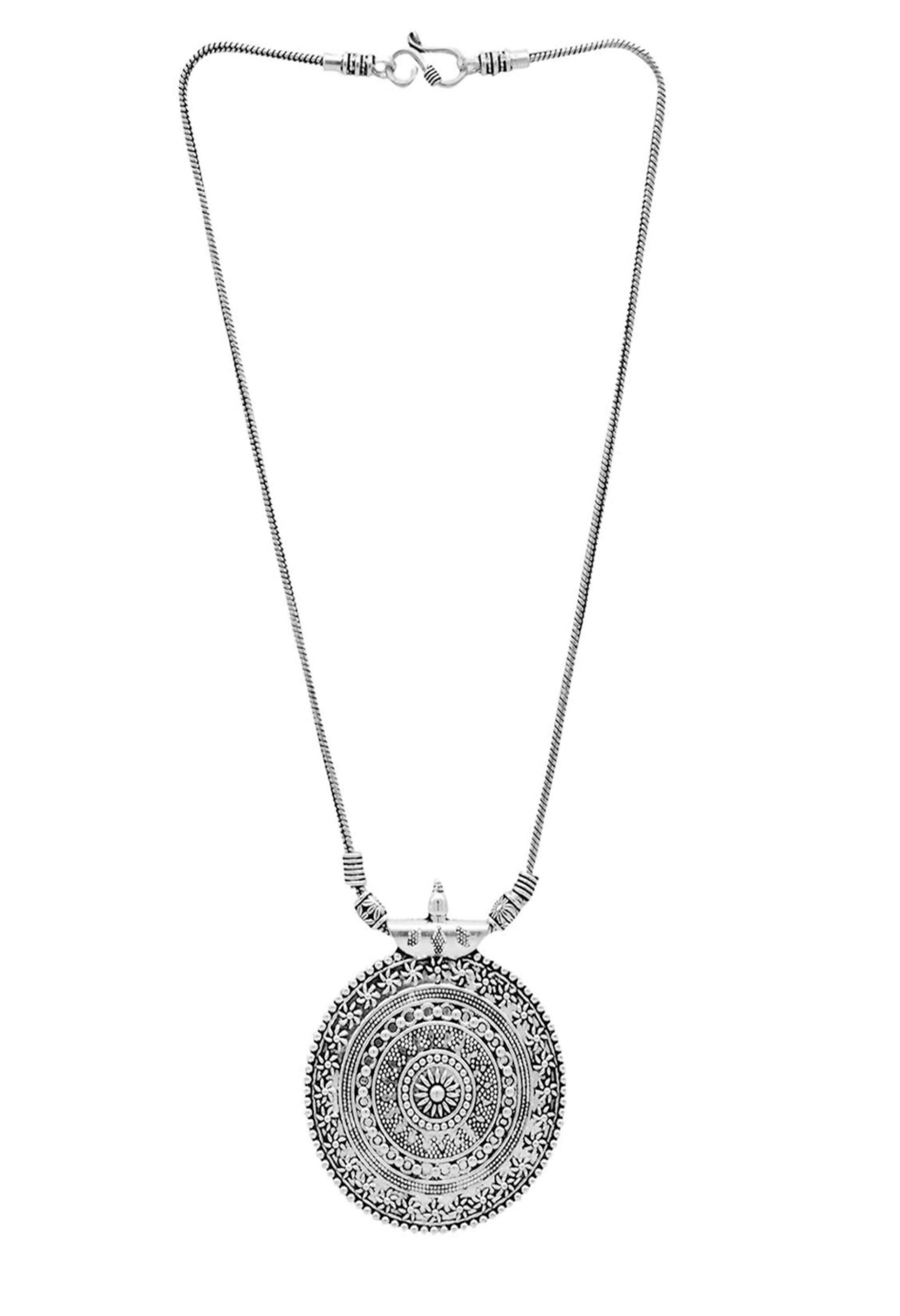 Mominos Fashion Johar Kamal Oxidised Silver-Plated Long Chain with Pendant & Studs For Women | Grocsy