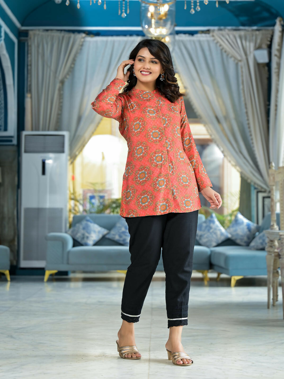 Juniper Women's Orange Ethnic Motif Printed Viscose Tunic With Buttons Detailing | Grocsy