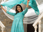 Sky Blue Cotton Cambric Printed with Sequins work Anarkali Kurta with Pant & Dupatta - Akashara | Grocsy