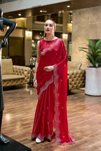 Vastranavya Red Embroidery Work Shimmer Chiffon Saree with Unstitched Blouse | Grocsy