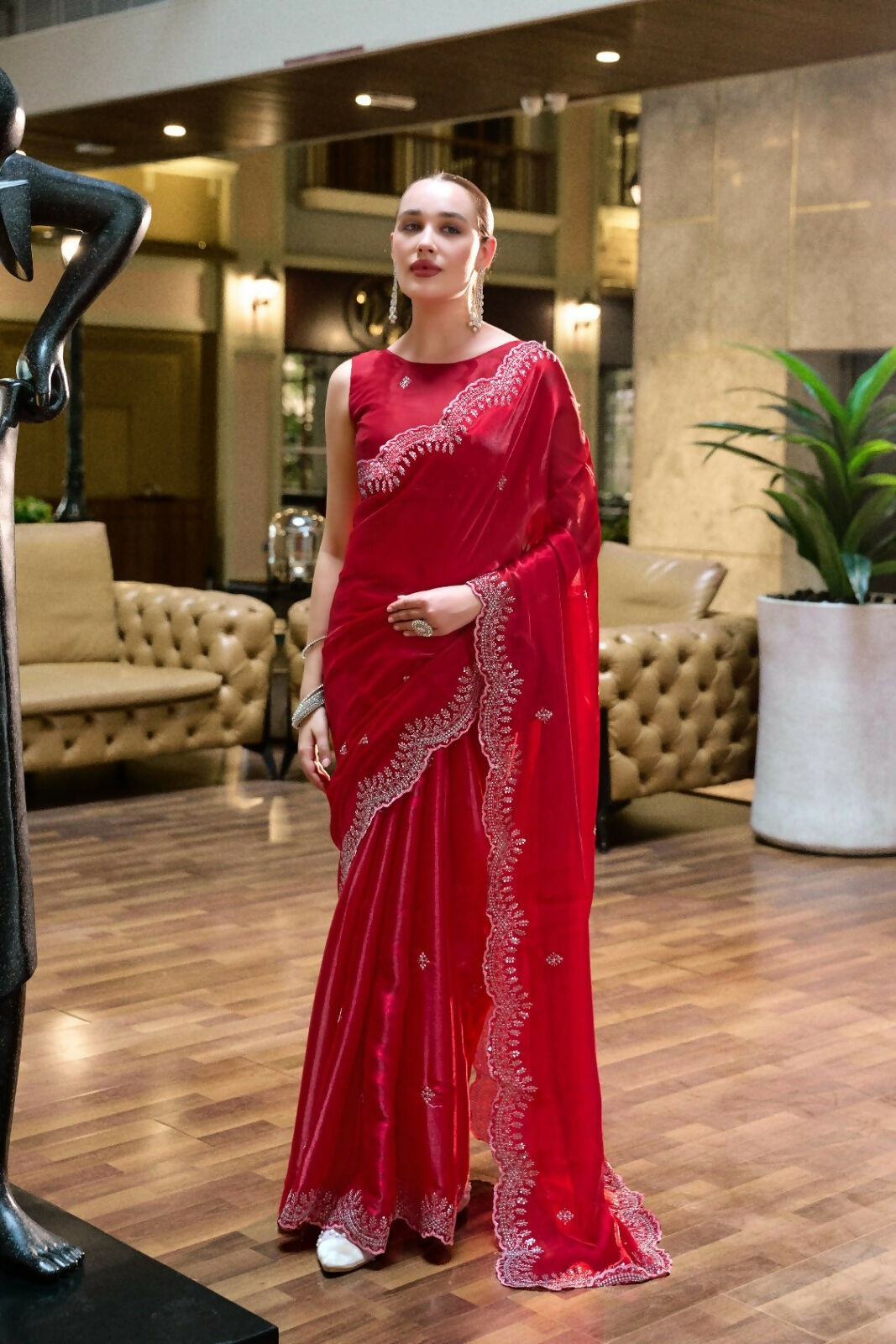 Vastranavya Red Embroidery Work Shimmer Chiffon Saree with Unstitched Blouse | Grocsy