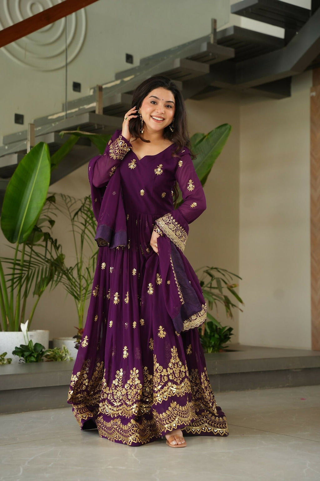 Joban Fashion Purple Georgette Sequence Embroidery Work Kurta Set | Grocsy