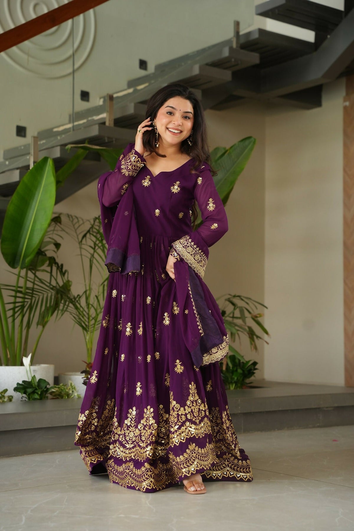 Joban Fashion Purple Georgette Sequence Embroidery Work Kurta Set | Grocsy