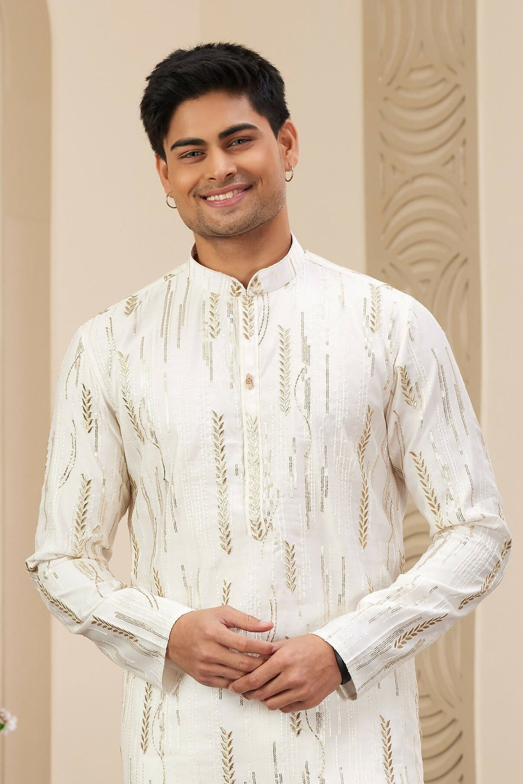 Raivat Ethnic Men's Art Silk Thread Work Kurta Pyjama In Cream Colour | Grocsy